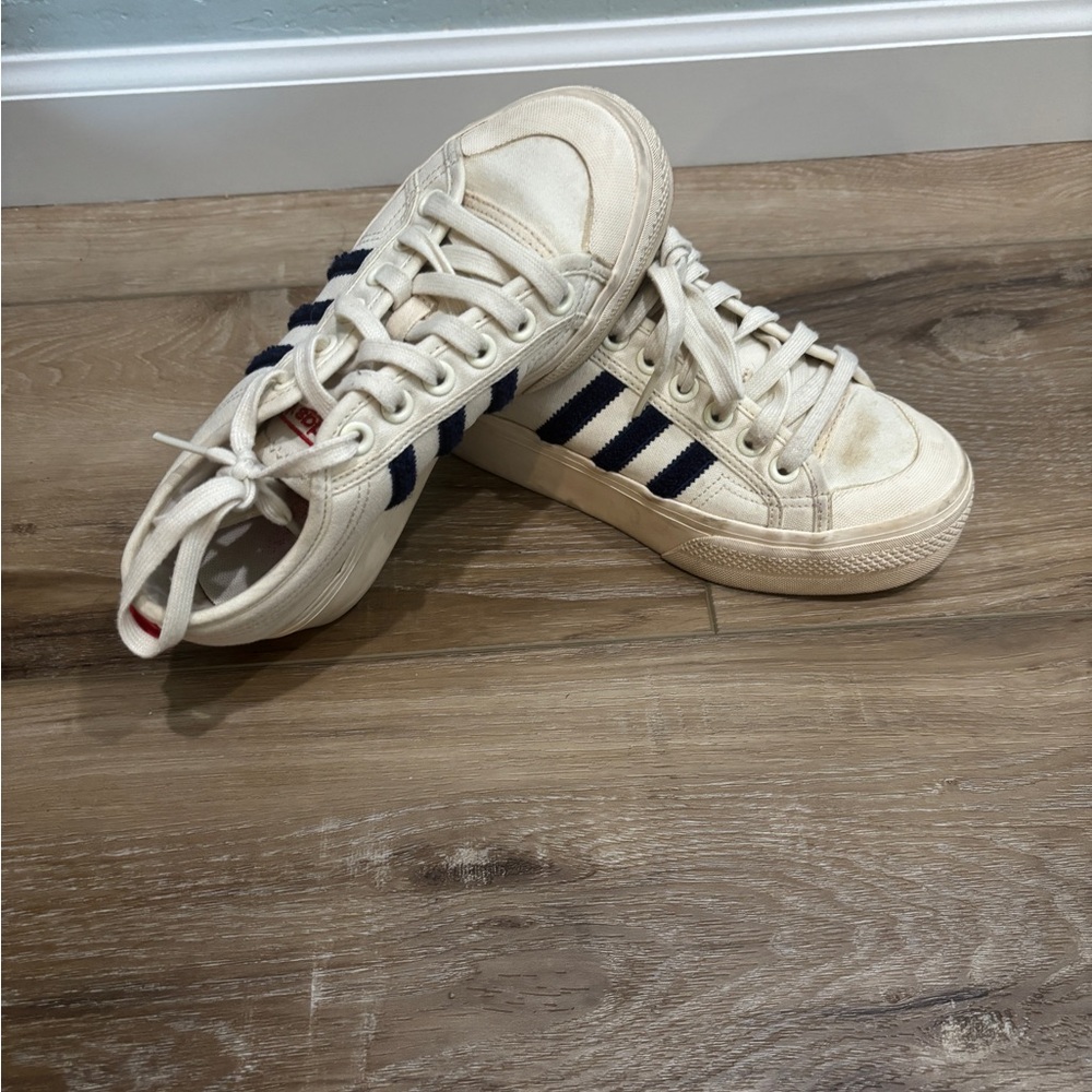 Adidas Nizza Platform Cream Sneakers with Navy Three Stripes